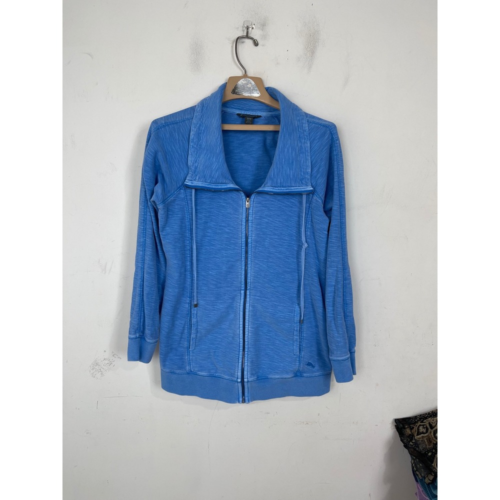 Tommy Bahama Women Blue Slub Knit Cotton Full Zip Funnel Neck Jacket Size Medium